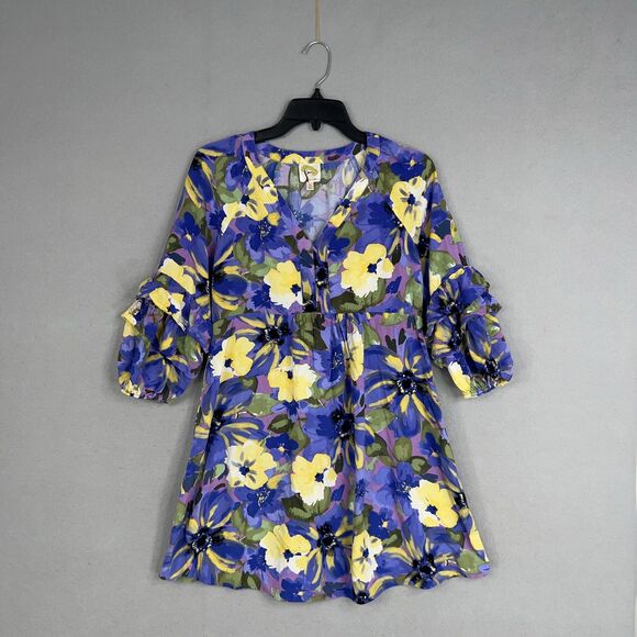 Fig and Flower Dress Womens Small Purple Yellow Boho Ruffle Layer Flowy Feminine - Picture 1 of 14